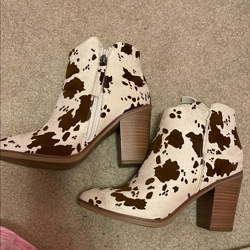 Brown Cow Print Ankle Boots - Picture 2 of 4